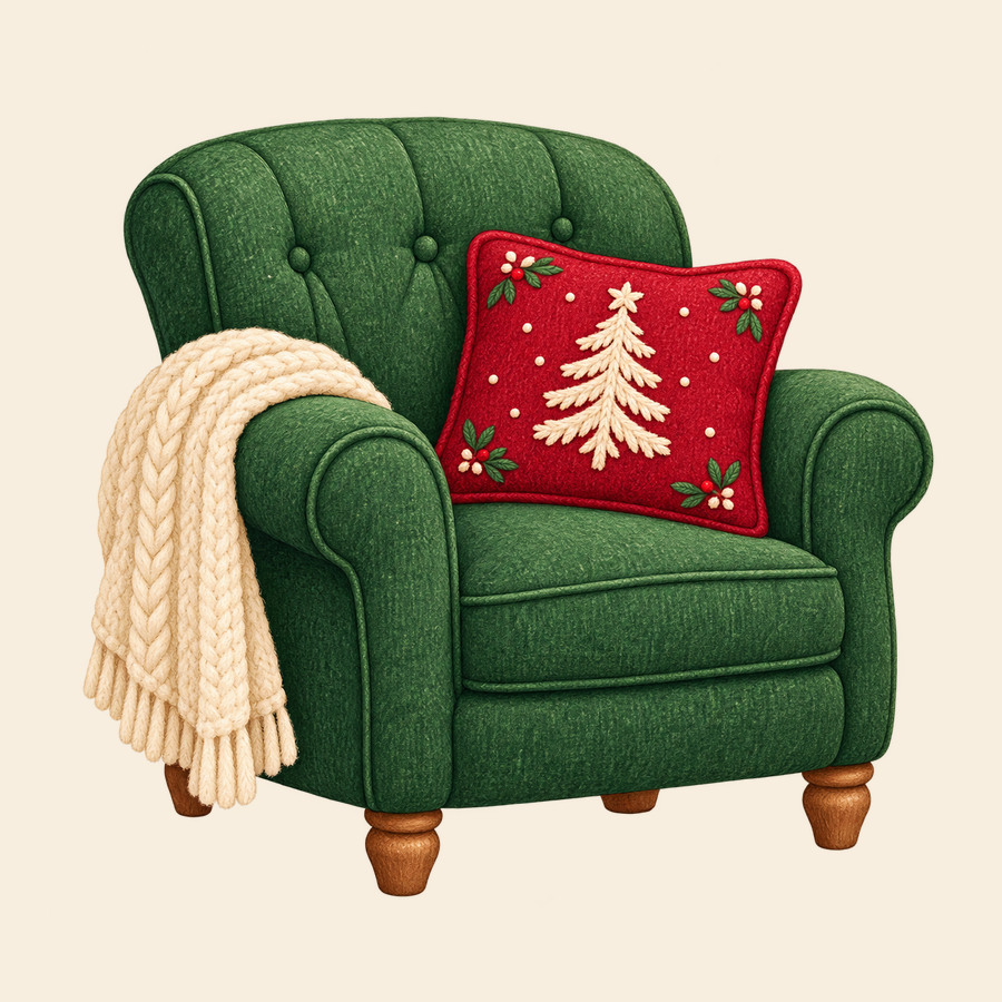 Pine-green armchair with a blanket and holiday cushion