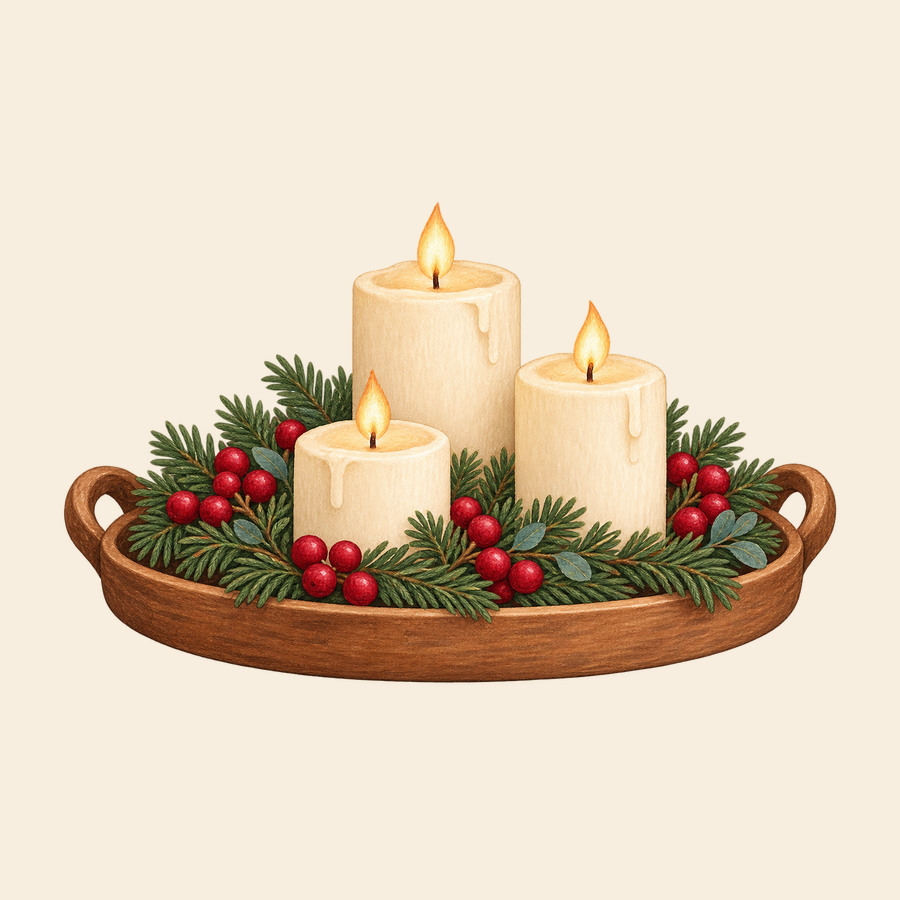 Candlelit Christmas tray with three candles