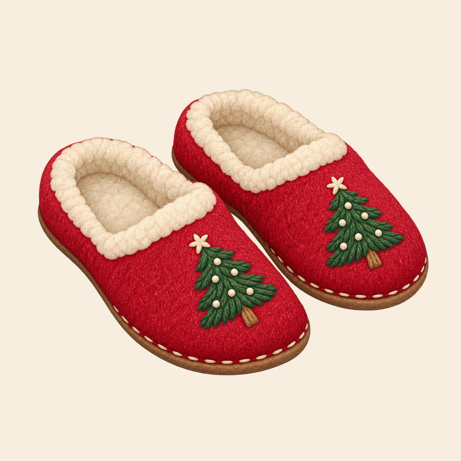 Christmas slippers with embroidered trees