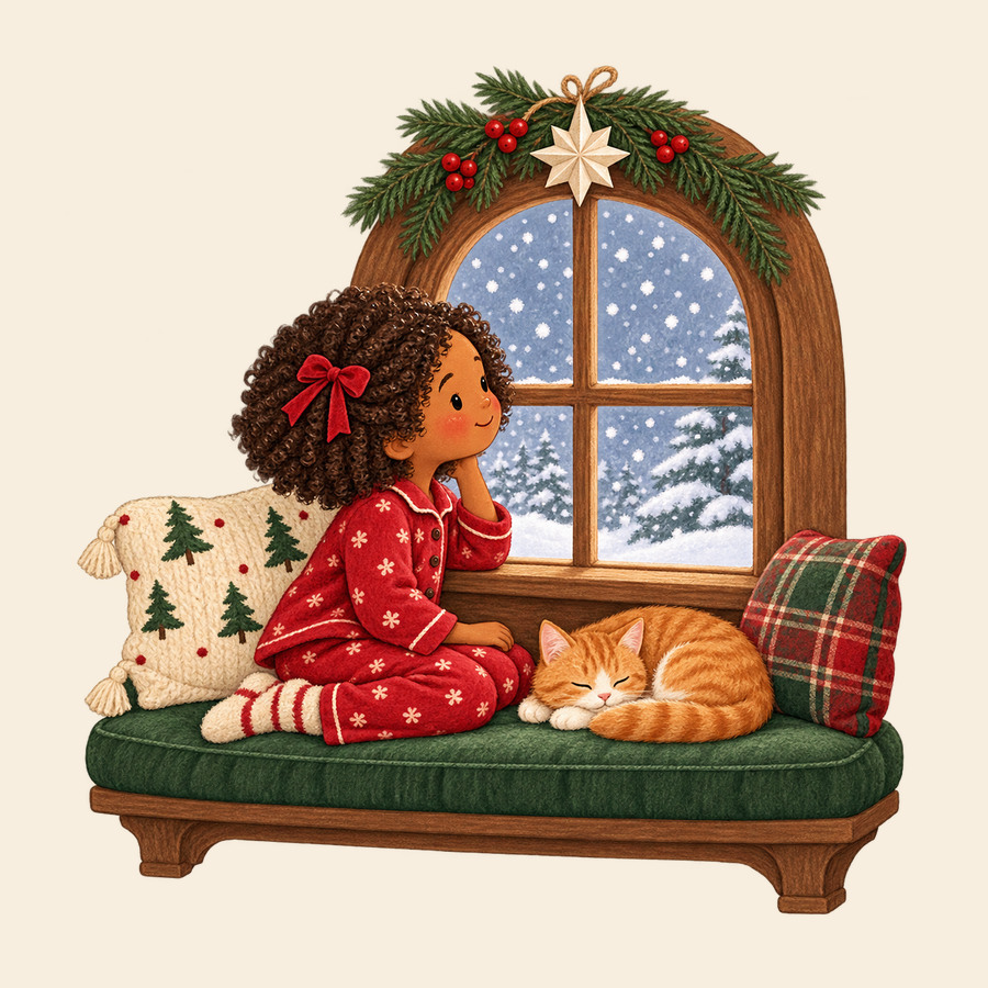 Girl and cat watching snow at the window