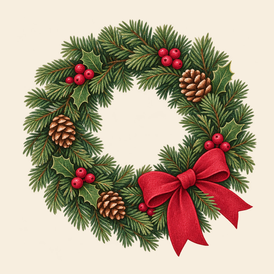 Holly and berry wreath with a bow