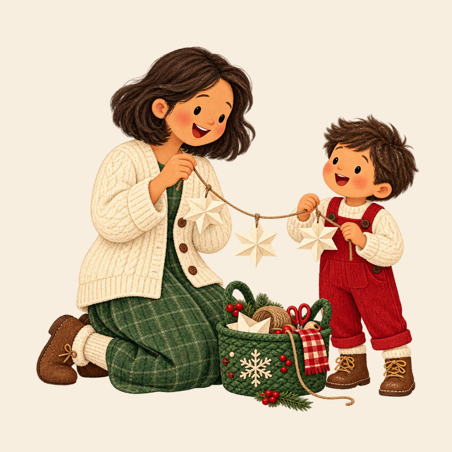 Mother and child hanging a Christmas garland