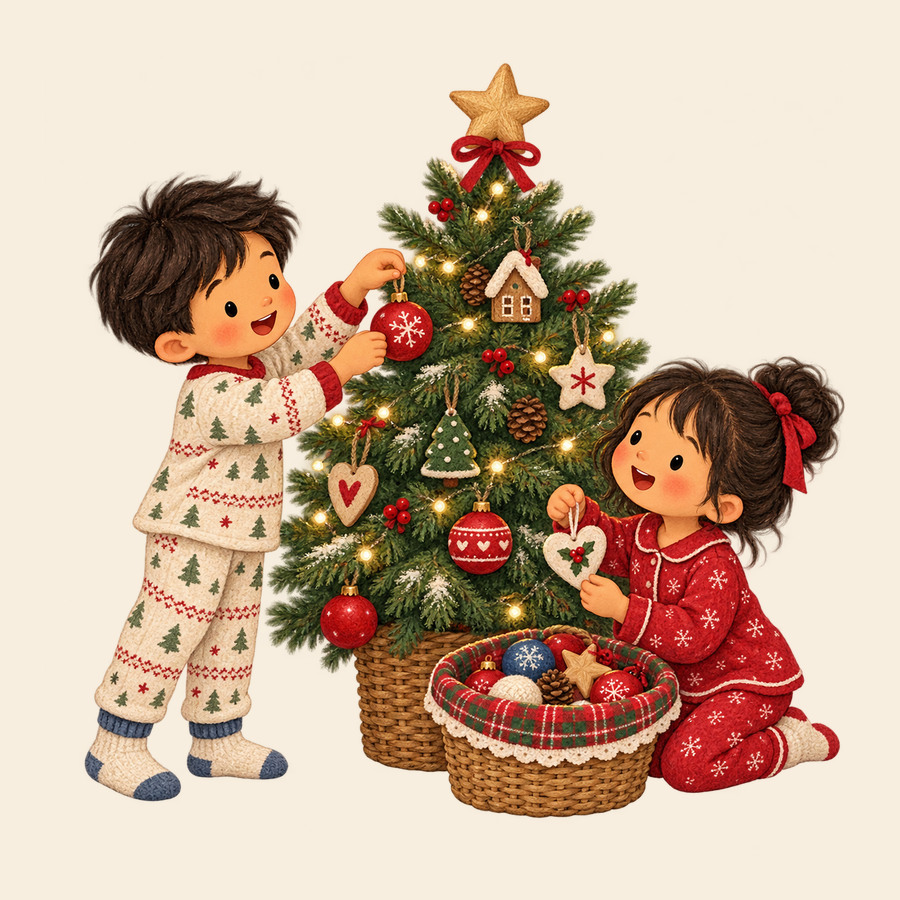 Siblings decorating the Christmas tree