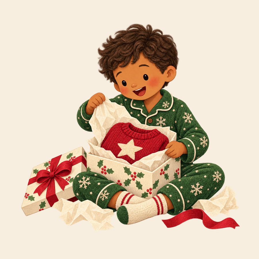 A child in a starry Christmas sweater