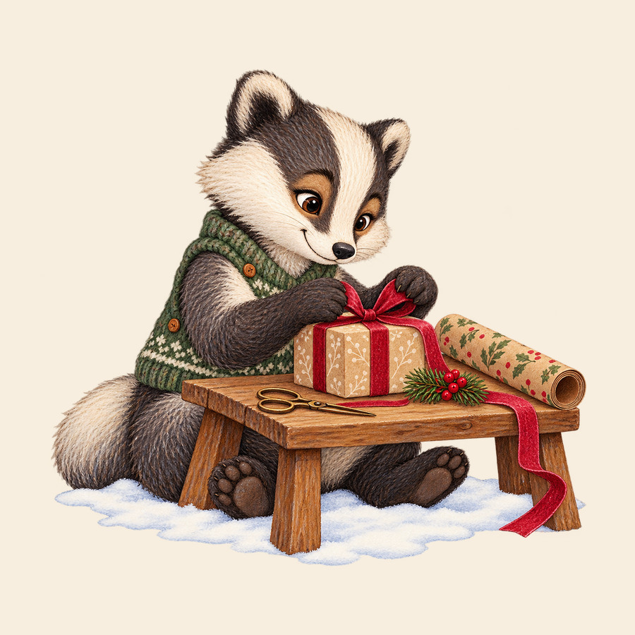 Badger wraps Christmas gifts