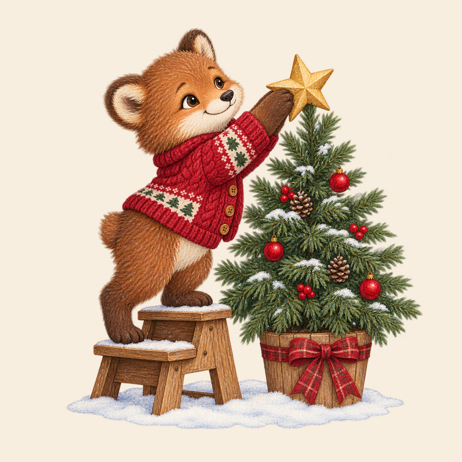 Bear cub adds the Christmas star