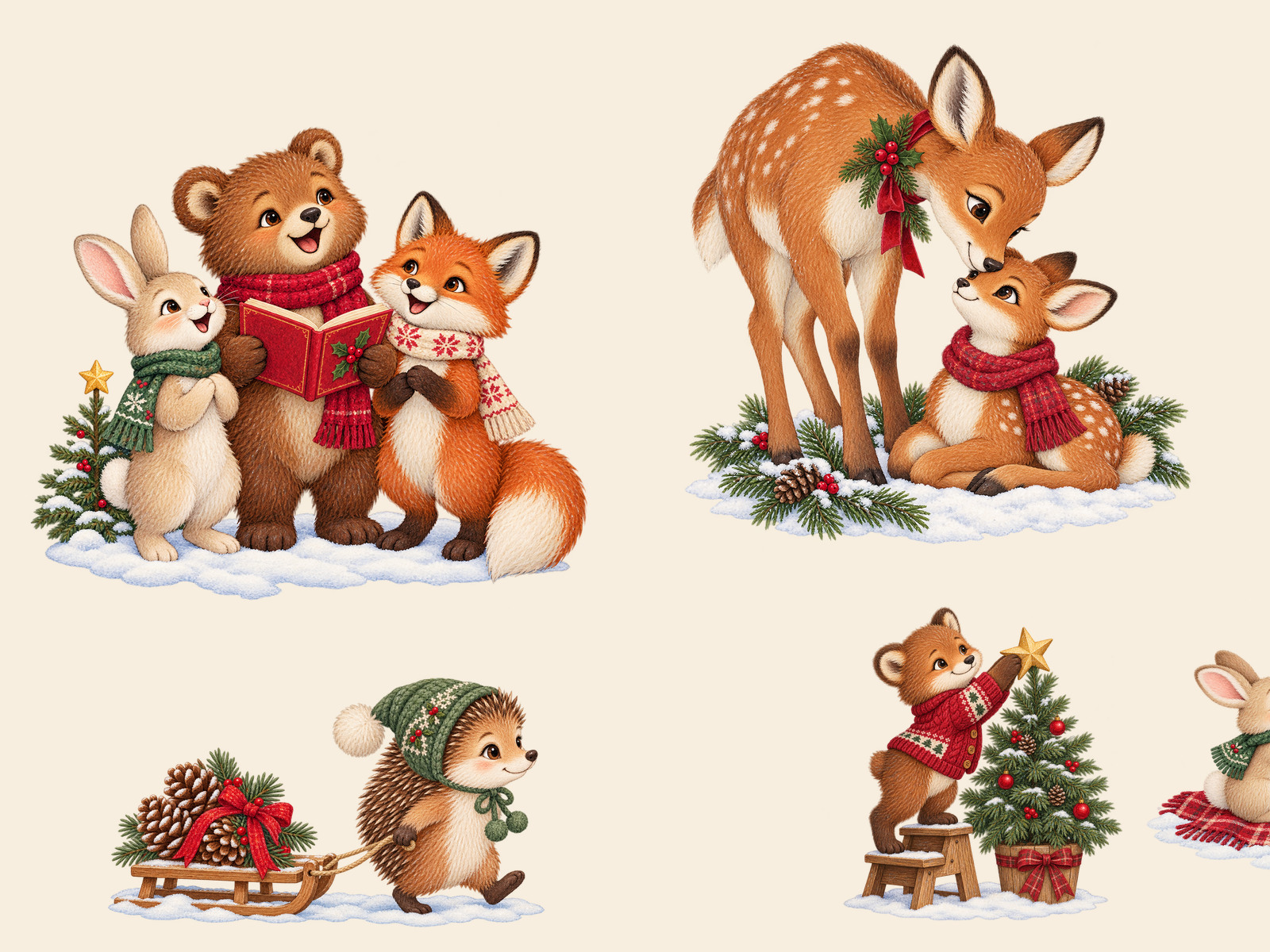 Storybook woodland animals celebrating Christmas